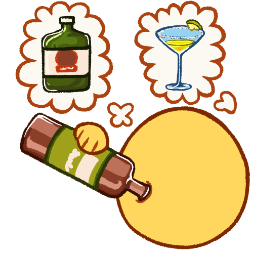  A drawing of an emoji yellow head holding up and drinking from a brown glass alcohol bottle. Above them are two thought bubbles. One contains a rectangular dark green bottle of alcohol, and the other contains a triangular alcohol glass with light green alcohol in it, as well as salt and lime on the rim.
